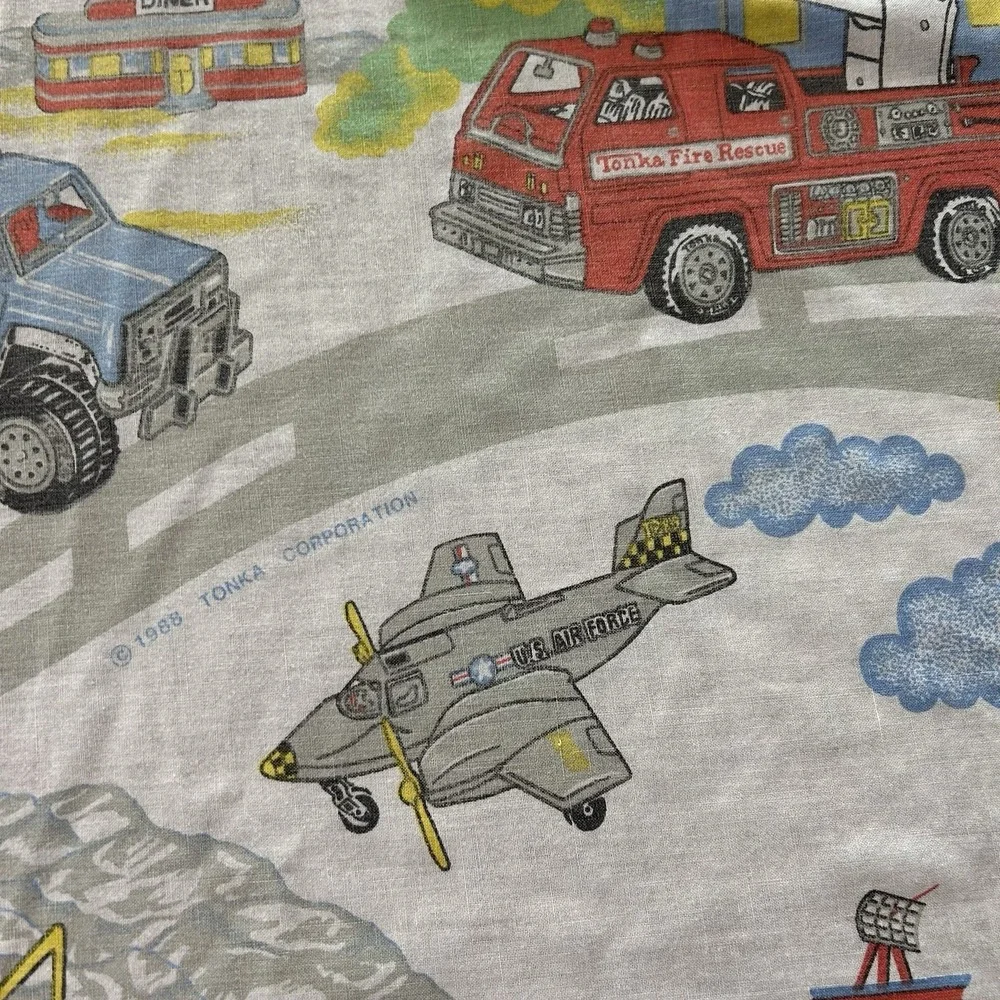 Vintage Tonka Truck Flat And Fitted Sheet Set Construction Planes Fire trucks